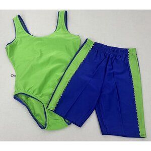 The Body Co. Women's M Leotard & Bike Shorts Set Shiny Nylon Green Blue Aerobics